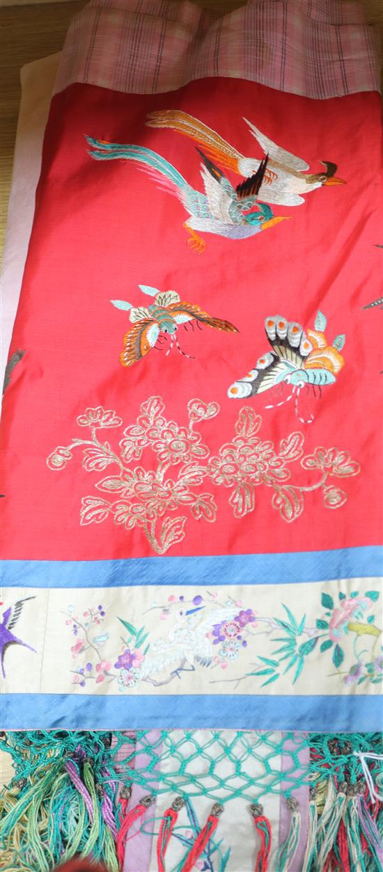 A Chinese embroidered silk bed cover and a similar table frontal shawls